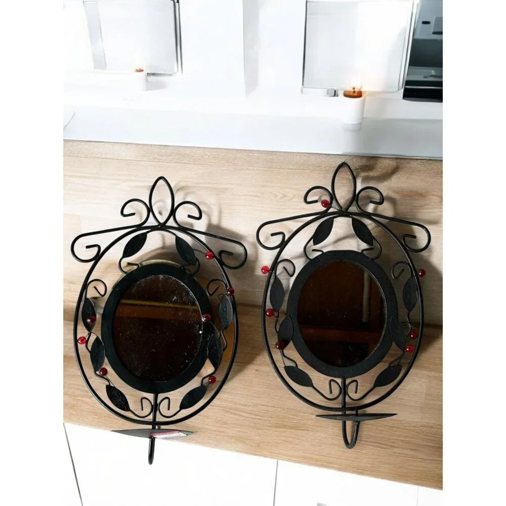 Ornate Black Wrought Iron Wall Sconces With Mirror & Candle Holder Set Of 2